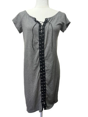 Women's Arabella Size 2X Ribbed Gray T Shirt Dress Front Tie 32" Length